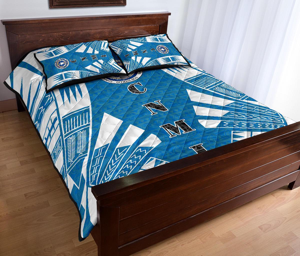 Northern Mariana Islands Quilt Bed Set - Northern Mariana Islands Seal & Polynesian White Tattoo Style - Polynesian Pride