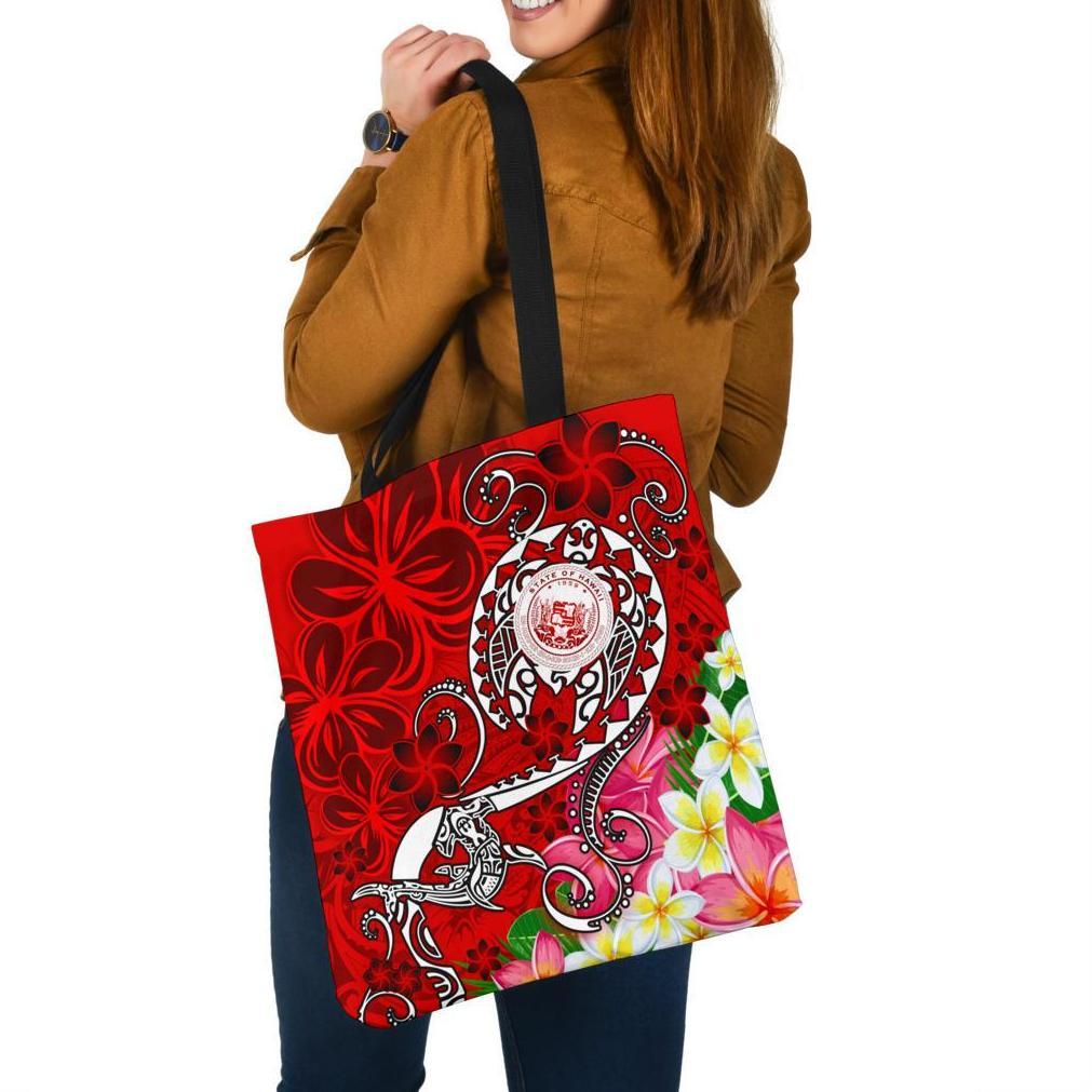 Hawaii Polynesian Tote Bags - Hawaii Seal With Turtle Plumeria (Red) Tote Bag One Size Red - Polynesian Pride