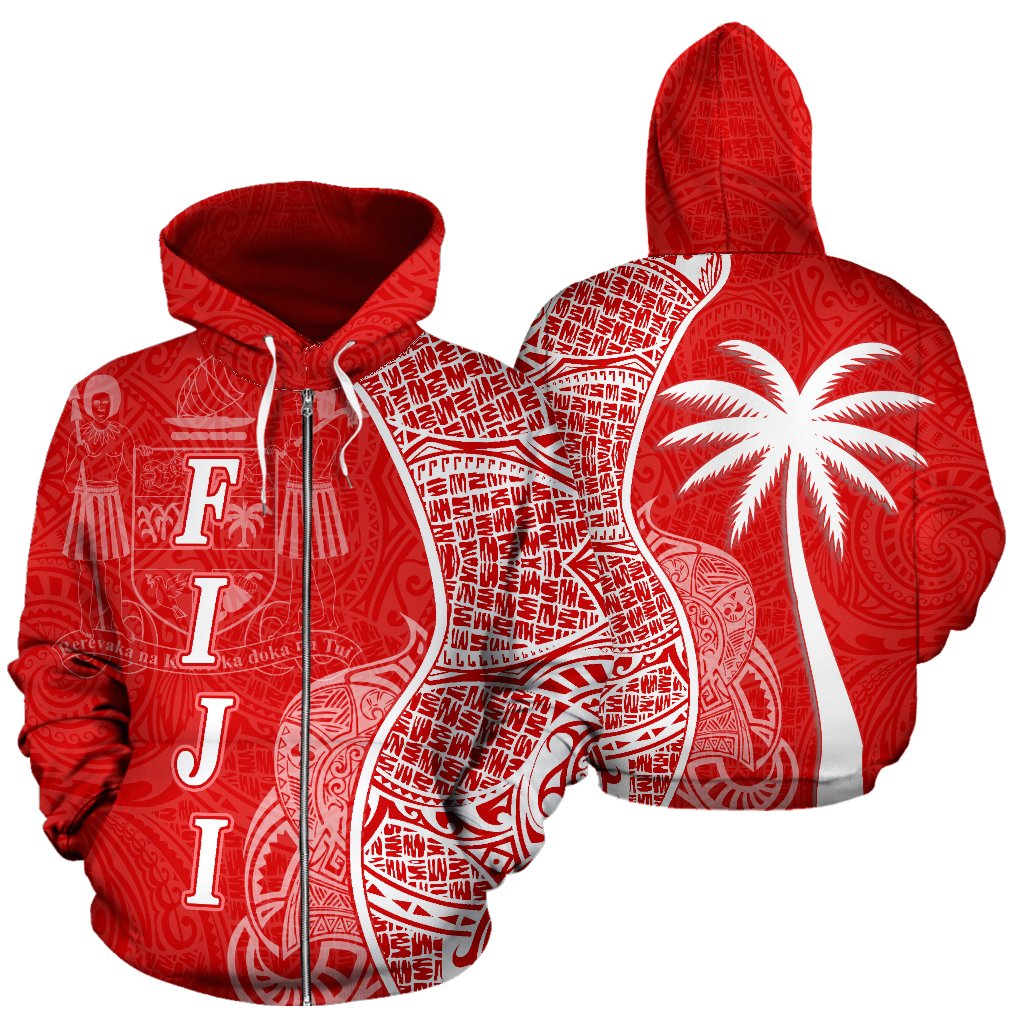 Fiji Polynesian Zip up Hoodie Coconut Tree Red and White Unisex Red - Polynesian Pride