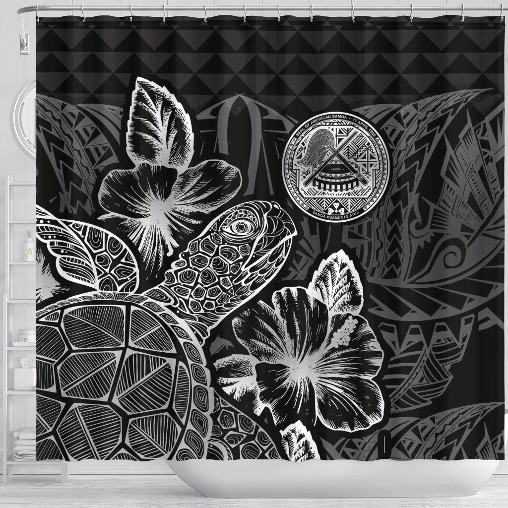 American Samoa Shower Curtain Turtle Hibiscus Black - Polynesian Pride