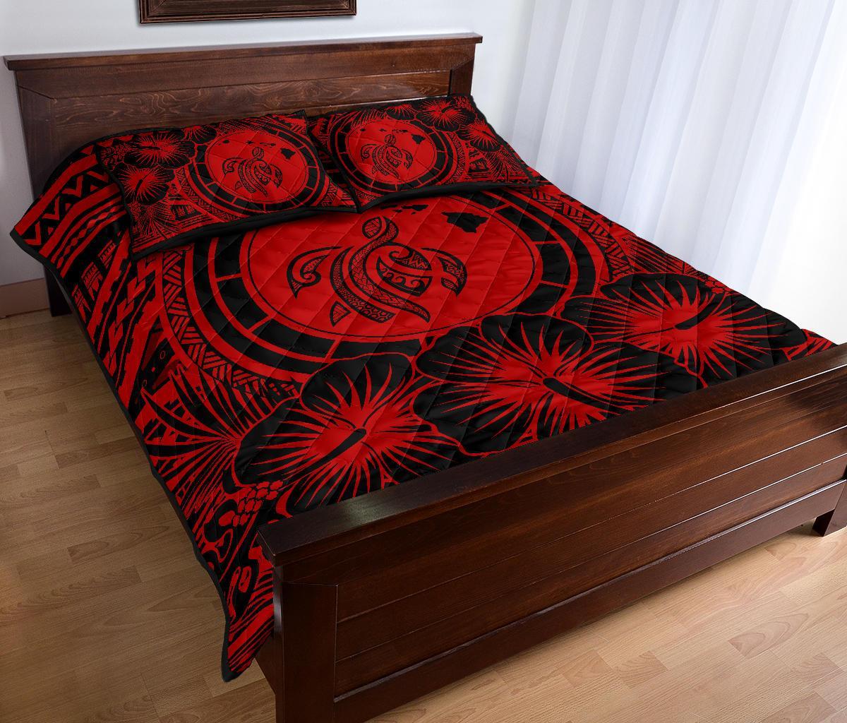 Hawaiian Map Honu Hibiscus Red Polynesian Quilt Bed Set - Polynesian Pride