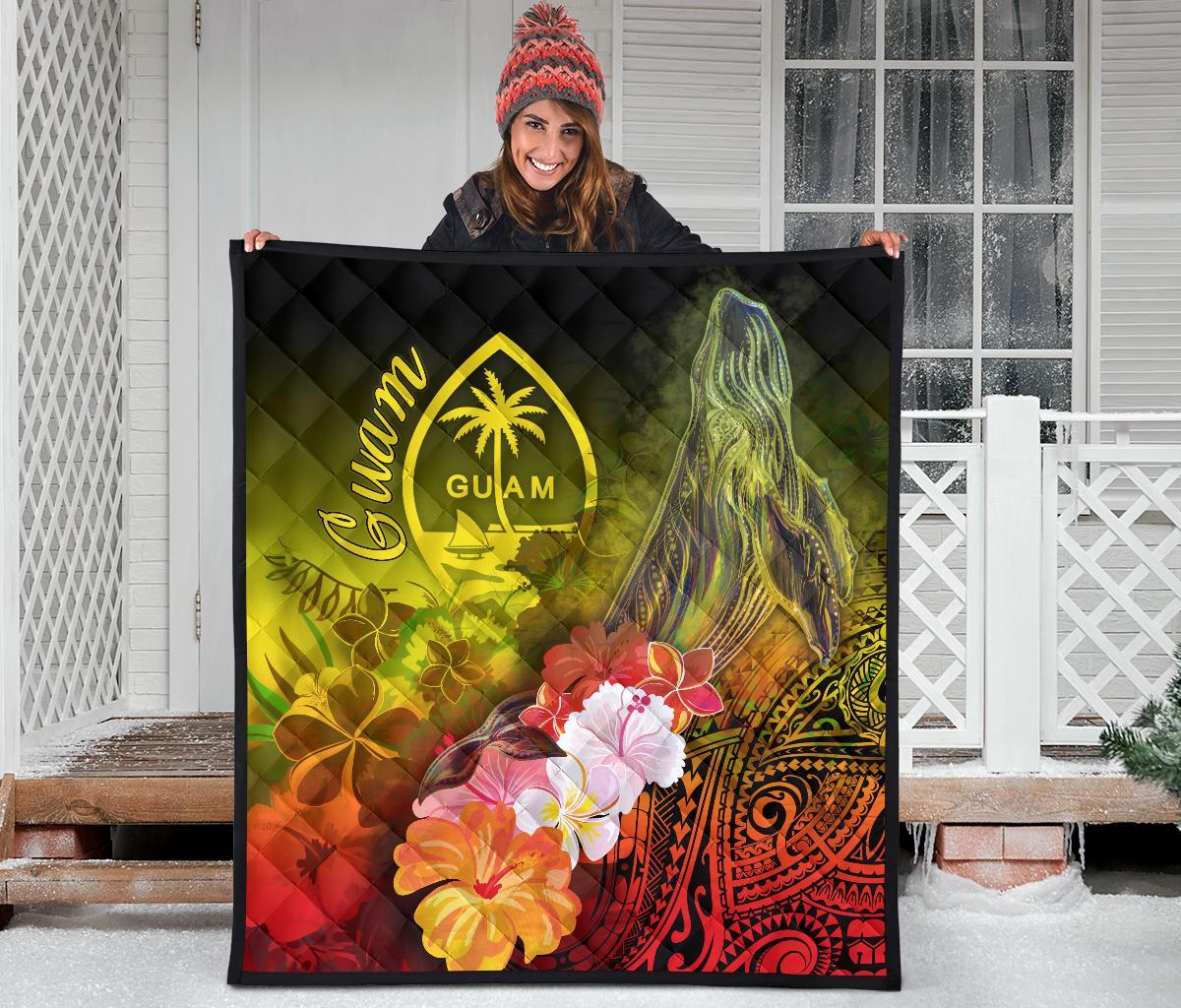 Guam Premium Quilt - Humpback Whale with Tropical Flowers (Yellow) - Polynesian Pride