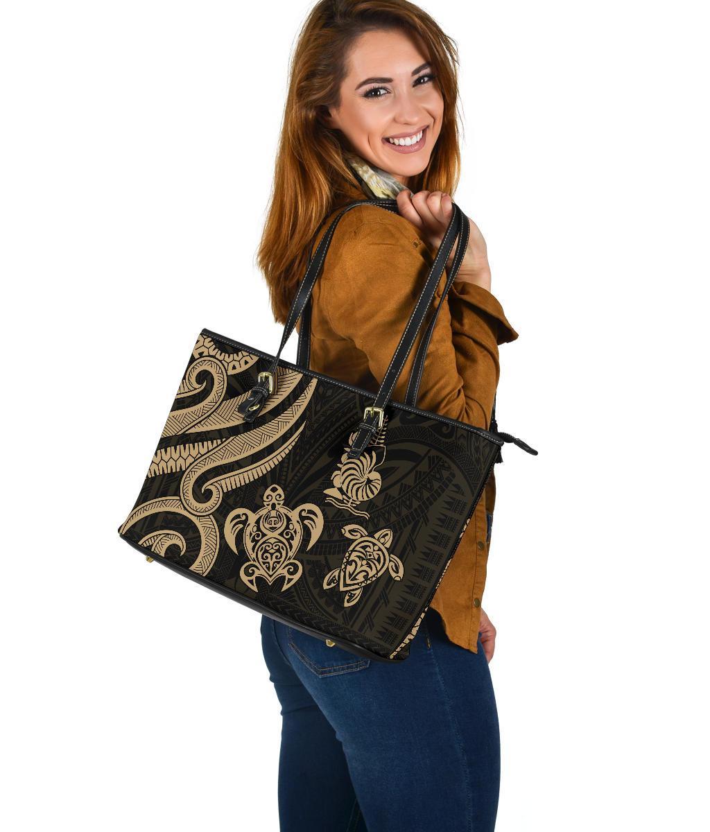 New Caledonia Large Leather Tote - Gold Tentacle Turtle - Polynesian Pride