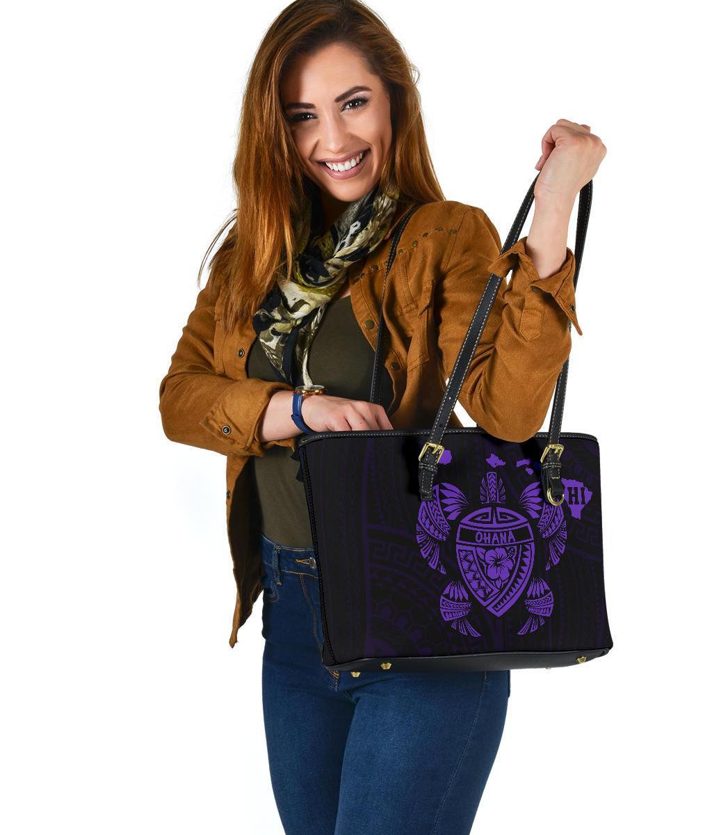 Hawaii Kakau Polynesian Ohana Turtle Map Small Leather Tote - Purple - Polynesian Pride