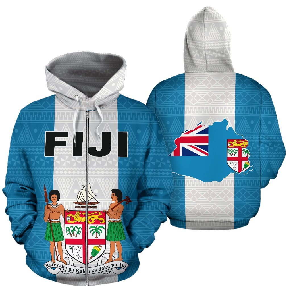 Fiji Polynesian All Over Zip up Hoodie Flag and Coat of Arm Unisex Blue - White - Polynesian Pride