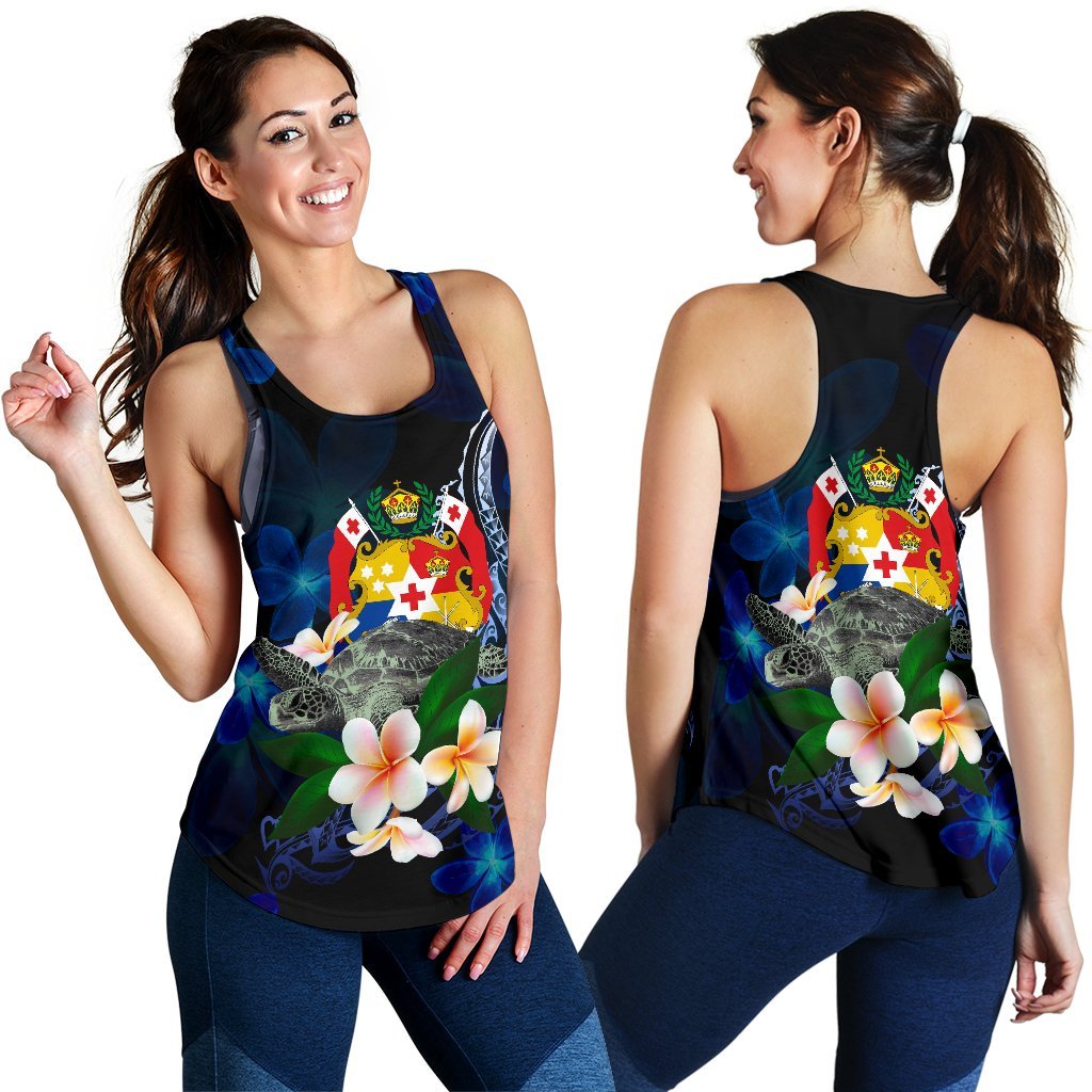 Tonga Polynesian Women's Racerback Tank - Turtle With Plumeria Flowers Blue - Polynesian Pride