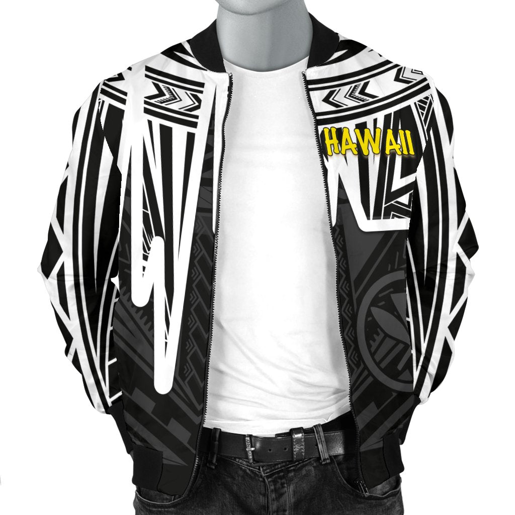 Hawaii Men's Bomber Jacket - Kanaka Maoli With Polynesian Pattern In Heartbeat Style (Black,White) - Polynesian Pride