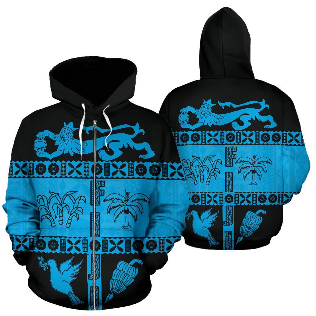 Fiji Tapa Zip Hoodie Fiji Coat of Arms Style Unisex Blue - Polynesian Pride