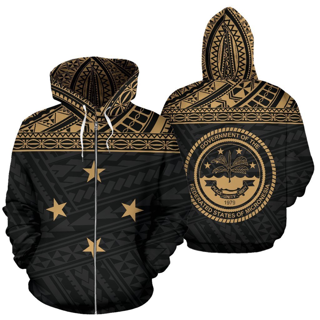 Federated States of Micronesia All Over Zip up Hoodie Gold Style Unisex Black - Polynesian Pride