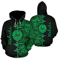 Tahiti Polynesian Zip up Hoodie Tahiti Flag Heartbeat Pattern Green Version TH0 Unisex Green - Polynesian Pride