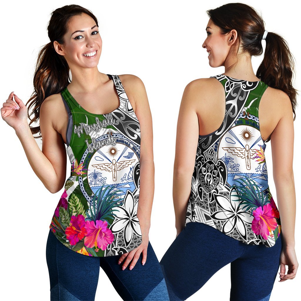 Marshall Islands Women's Racerback Tank White - Turtle Plumeria Banana Leaf Crest - Polynesian Pride
