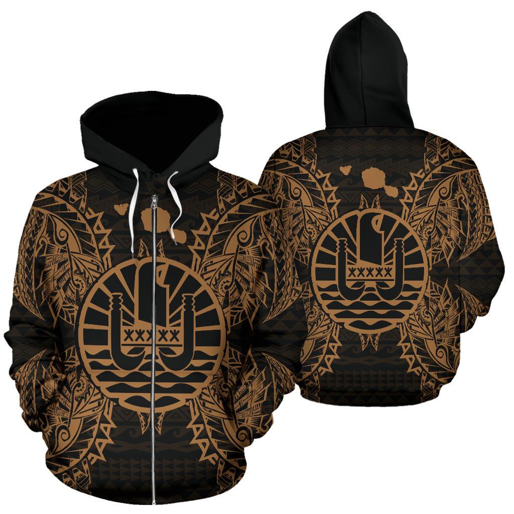 French Polynesia Polynesian All Over Zip up Hoodie Map Gold Unisex Gold - Polynesian Pride