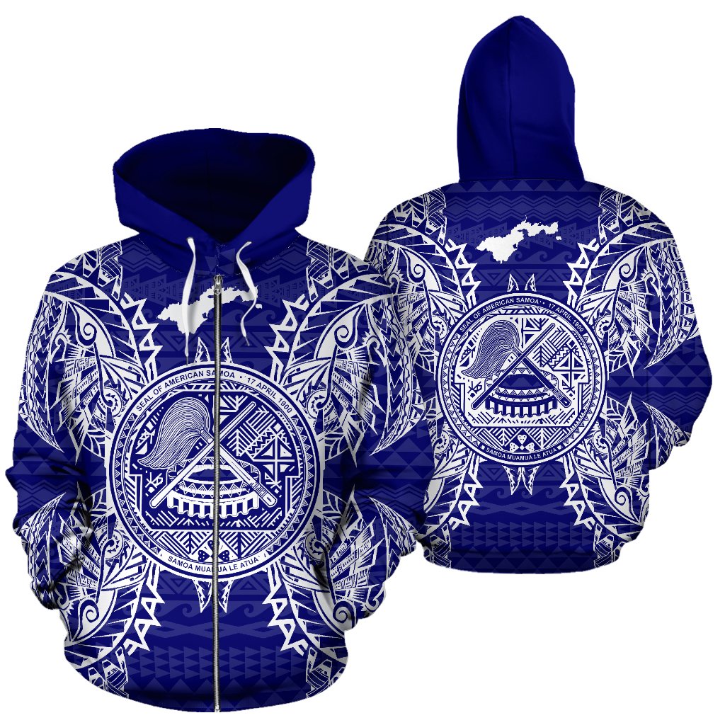 American Samoa Polynesian All Over Zip up Hoodie Map Blue Unisex Blue - Polynesian Pride