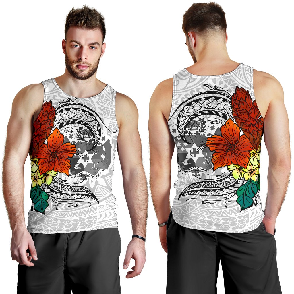 Tonga Men's Tank Top - Tropical Flowers White Patterns Style White - Polynesian Pride