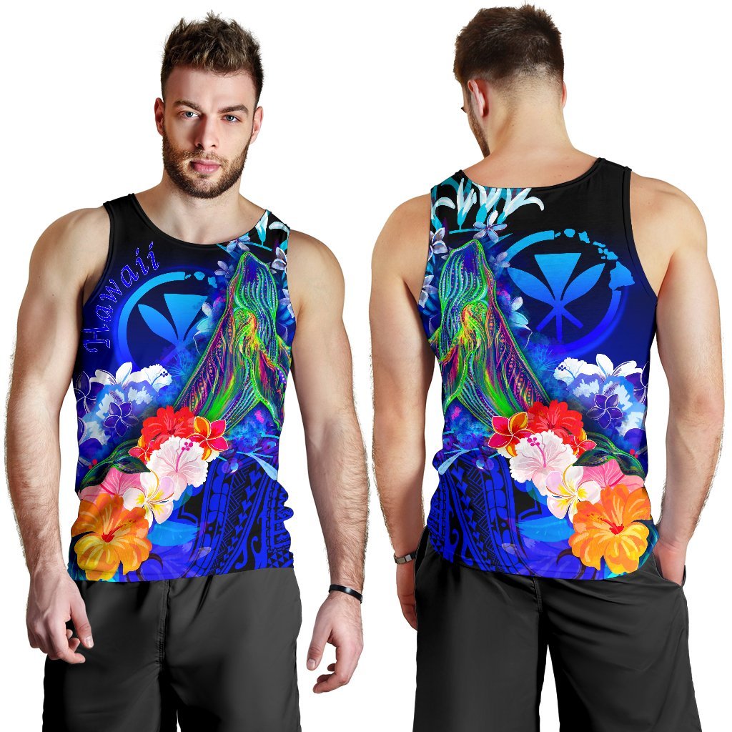 Polynesian Hawaii Men's Tank Top - Kanaka Maoli Humpback Whale with Tropical Flowers (Blue) Blue - Polynesian Pride