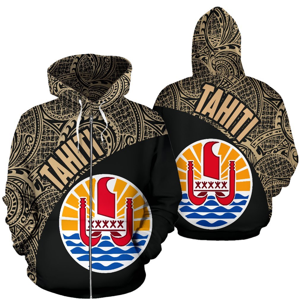 Tahiti Zip up Hoodie Tahiti Flag Polynesia Tattoo Gold Unisex Black - Polynesian Pride