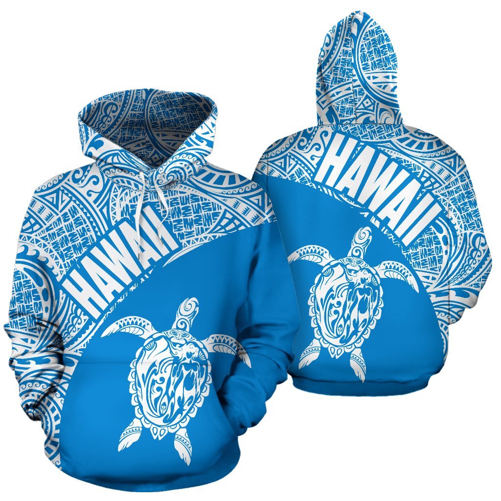 Hawaii Hoodie Turtle Mermaid Polynesian Tattoo 02 Unisex Blue And White - Polynesian Pride