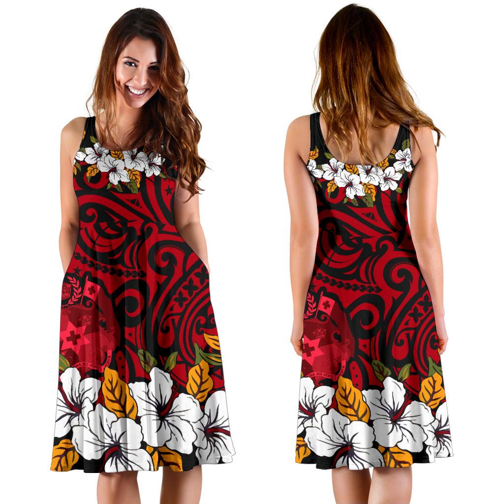 Tonga Midi Dress - Red Hibiscus - Polynesian Pride