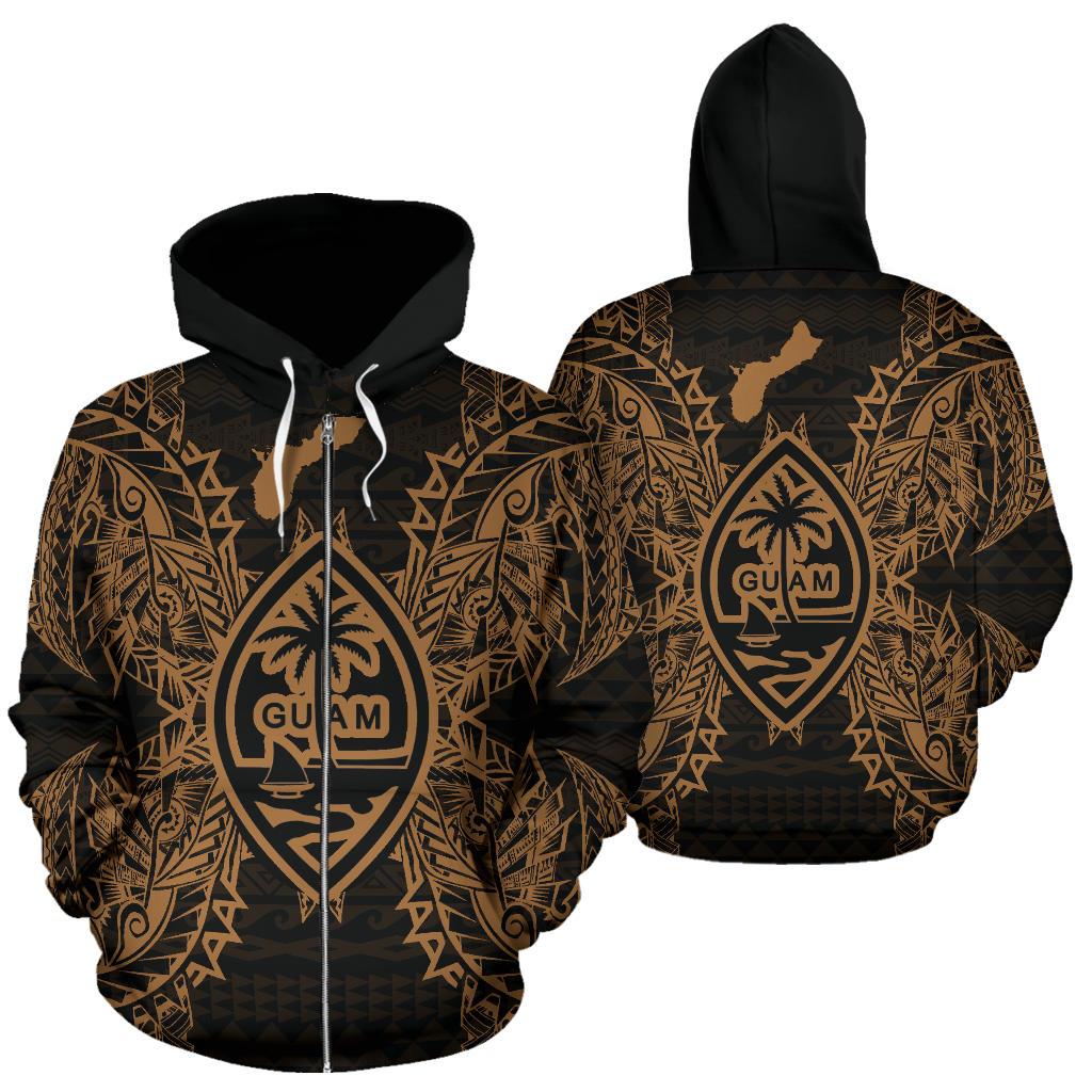 Guam Polynesian All Over Zip up Hoodie Map Gold Unisex Gold - Polynesian Pride