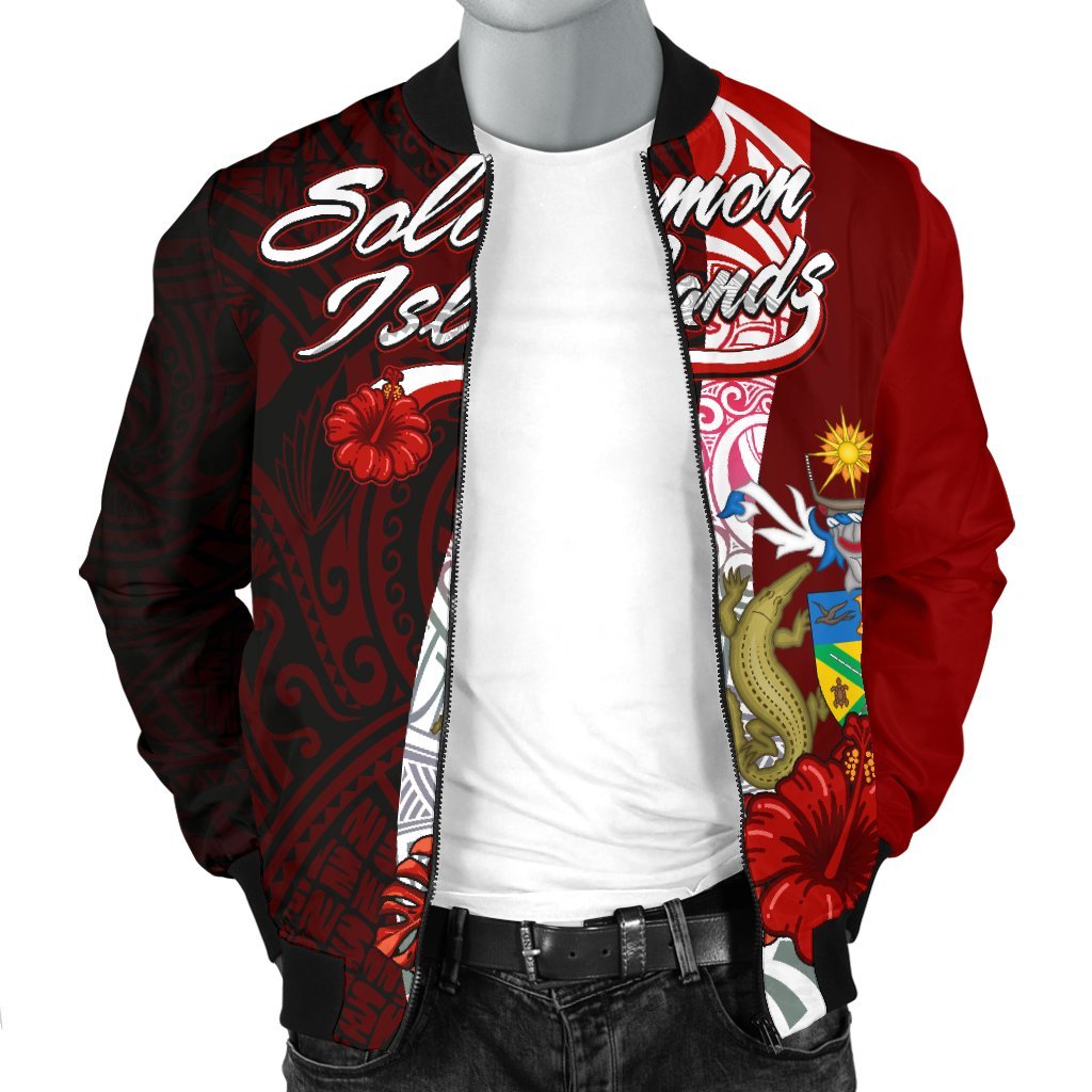 Solomon Islands Polynesian Men's Bomber Jacket - Coat Of Arm With Hibiscus - Polynesian Pride