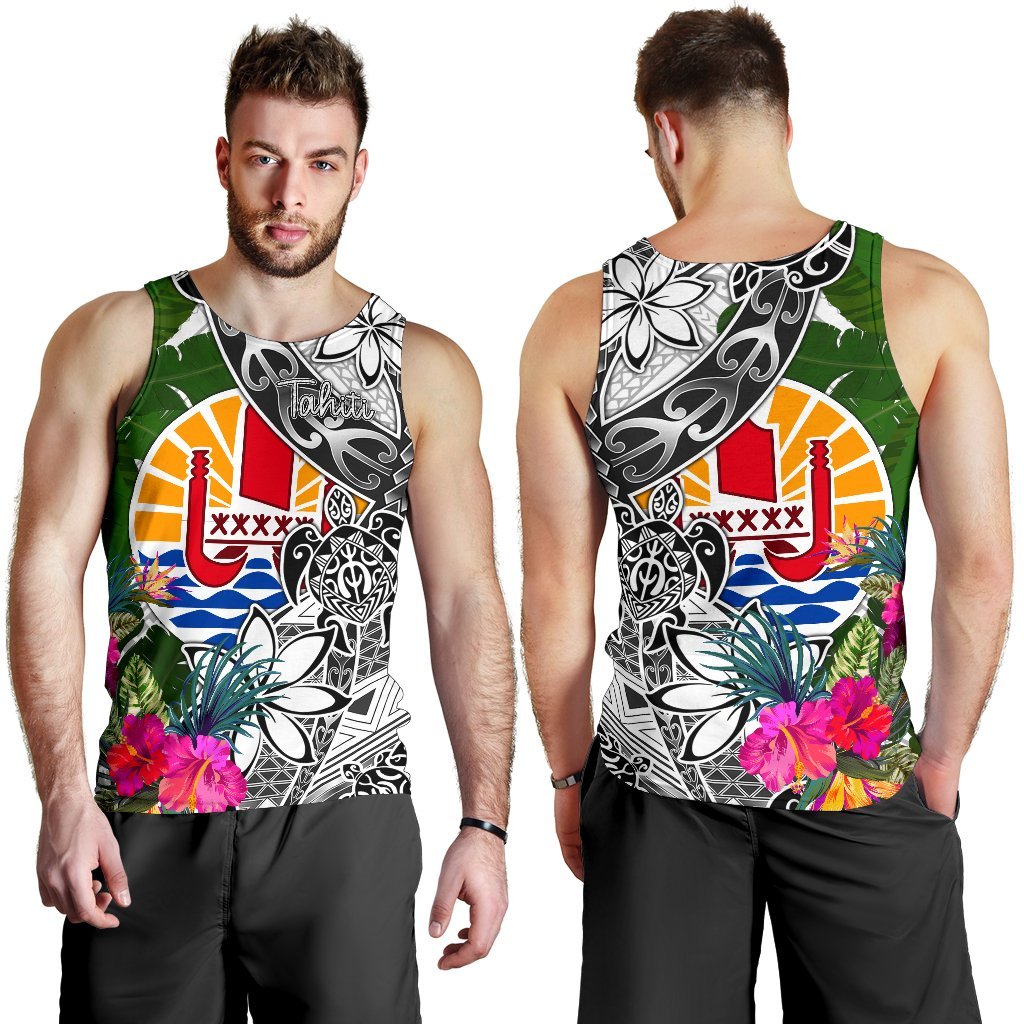 Tahiti Men's Tank Top White - Turtle Plumeria Banana Leaf - Polynesian Pride