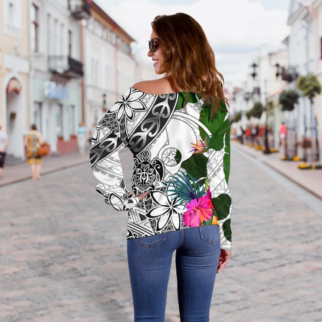 Yap Custom Personalised Women's Off Shoulder Sweater White - Turtle Plumeria Banana Leaf - Polynesian Pride