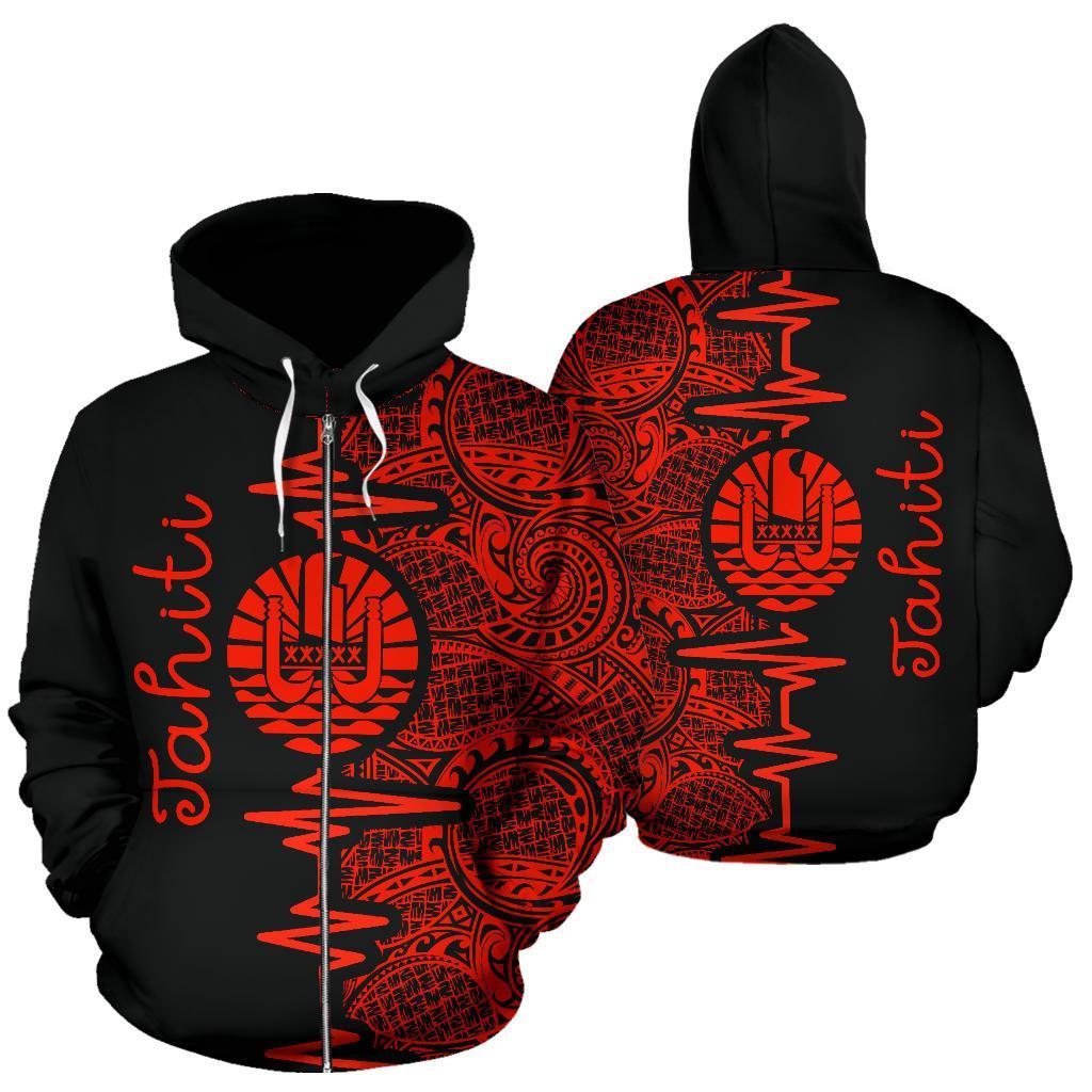 Tahiti Polynesian Zip up Hoodie Tahiti Flag Heartbeat Pattern Red Version TH0 Unisex Red - Polynesian Pride