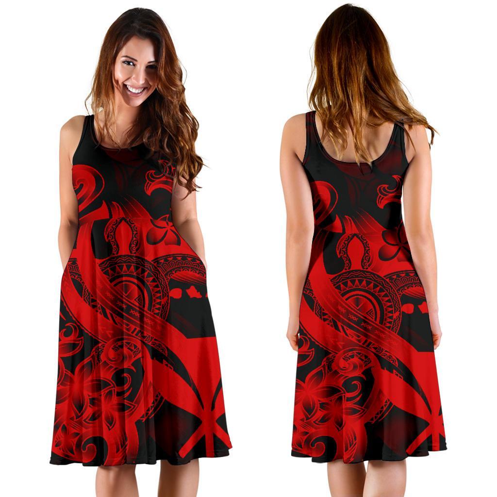 Polynesian Hawaii Midi Dress - Kanaka Maoli Red Turtle Women Red - Polynesian Pride