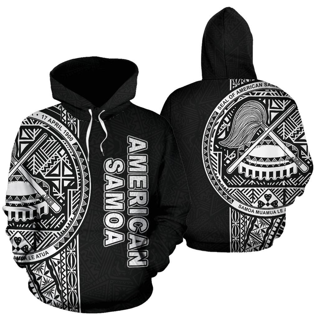 American Samoa Polynesian Hoodie White Line Unisex Black - Polynesian Pride