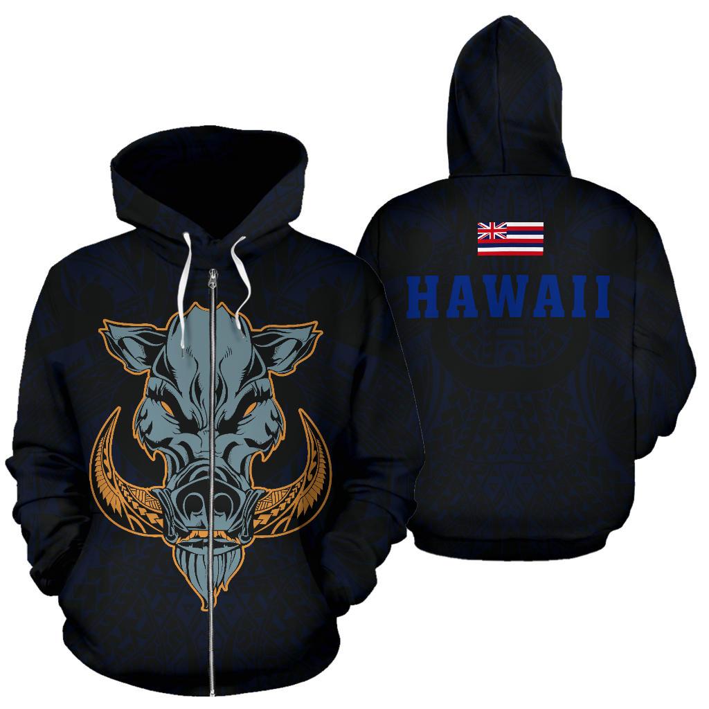 Polynesian Kamapuaa Flag of Hawaii Zip Hoodie Blue Hawaiian Mythology Style Unisex Blue - Polynesian Pride