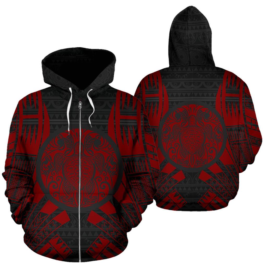 Turtle All Over Zip up Hoodie Red Tattoo Style Unisex Red - Polynesian Pride