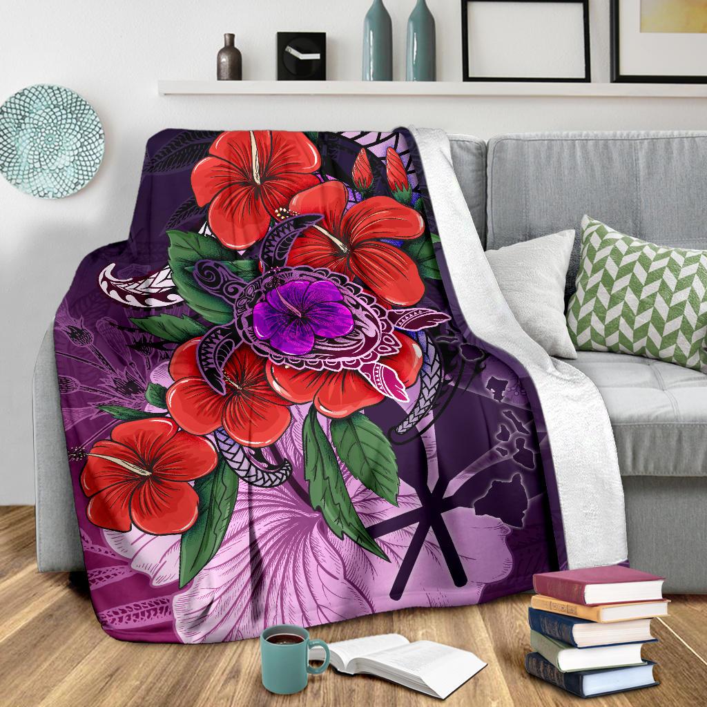 Polynesian Hawaii Premium Blanket - Purple Hibiscus Turtle Flowing - Polynesian Pride