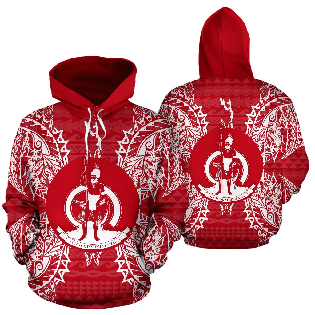 Vanuatu Polynesian ll Over Hoodie Map Red White Unisex Red nd White - Polynesian Pride
