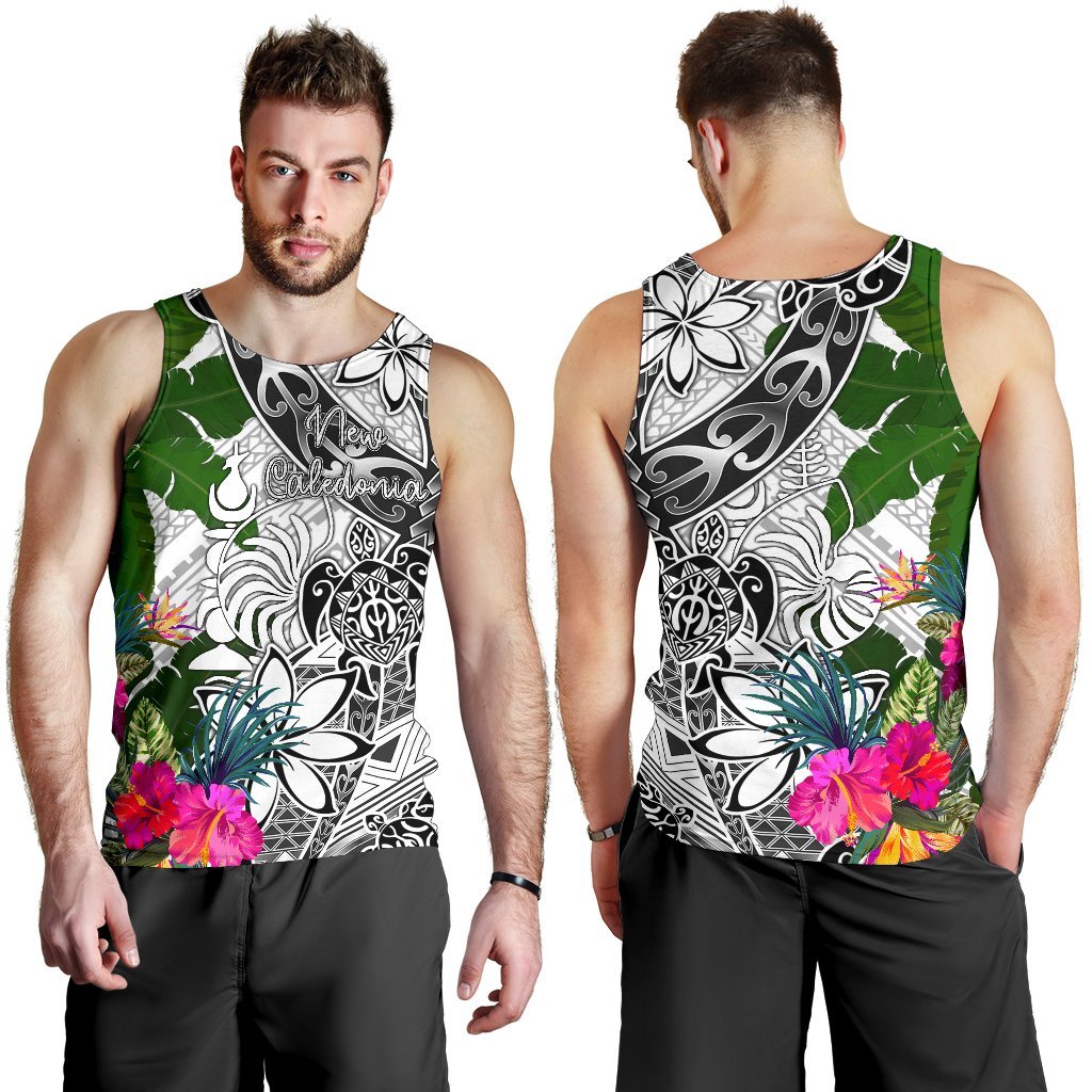 New Caledonia Men's Tank Top White - Turtle Plumeria Banana Leaf Crest - Polynesian Pride