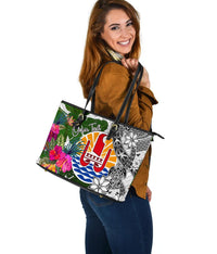 Tahiti Custom Personalised Large Leather Tote White - Turtle Plumeria Banana Leaf - Polynesian Pride