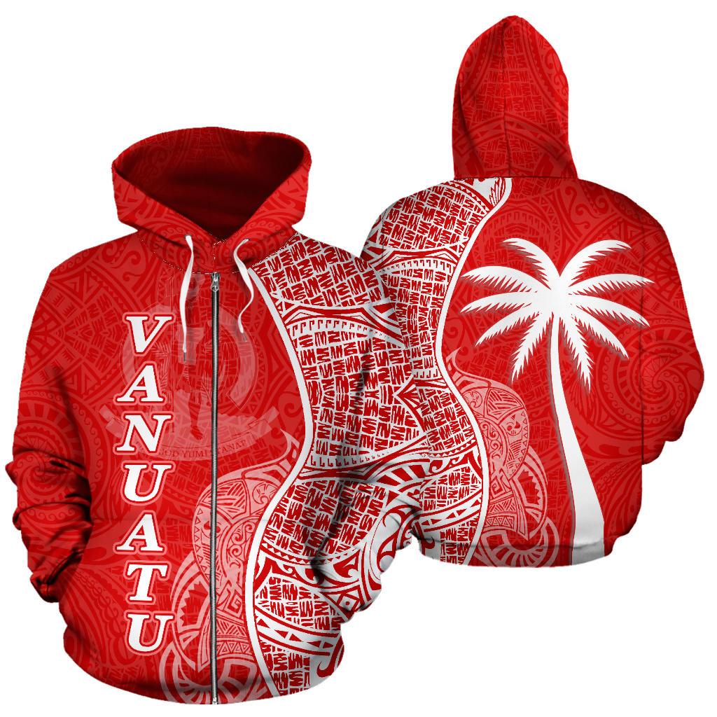 Vanuatu Polynesian Zip up Hoodie Coconut Tree Red and White Unisex Red - Polynesian Pride