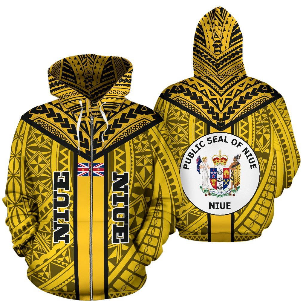 Niue Zipper Hoodie Niue Flag Seal Polynesian Tattoo Unisex Yellow - Polynesian Pride