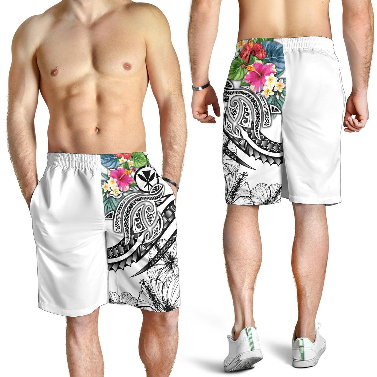 Polynesian Hawaii Kanaka Maoli Men's Shorts - Summer Plumeria (White) - Polynesian Pride