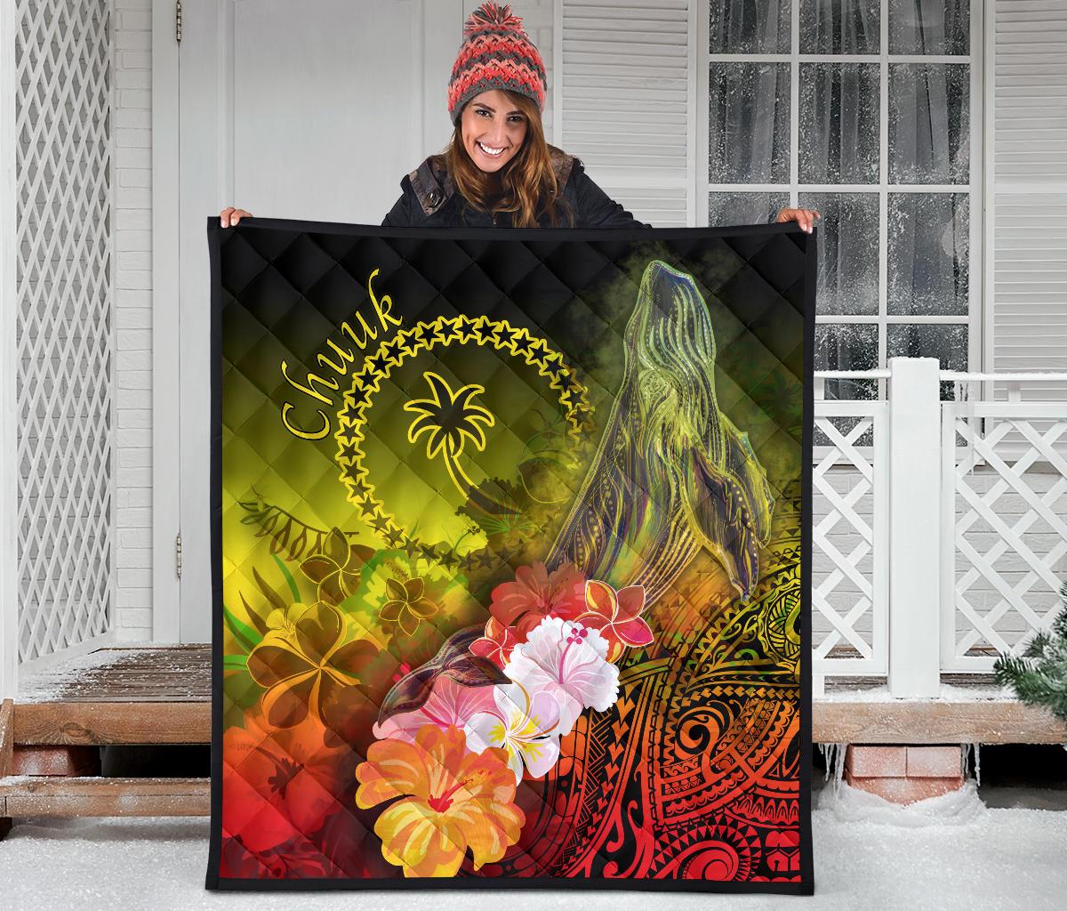 Chuuk Premium Quilt - Humpback Whale with Tropical Flowers (Yellow) - Polynesian Pride