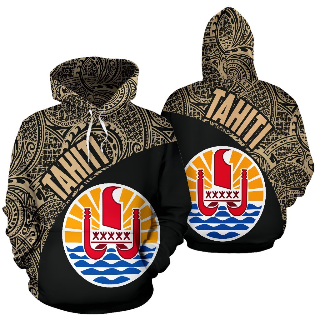 Tahiti Zip up Hoodie Tahiti Flag Polynesia Tattoo Gold Unisex Black - Polynesian Pride