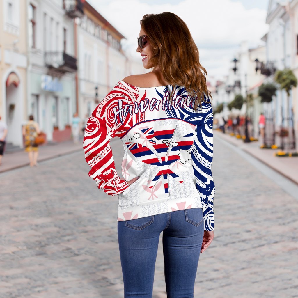 Hawaiian Kanaka Women's Off Shoulder Sweater Flag Nation Demodern White AH - Polynesian Pride