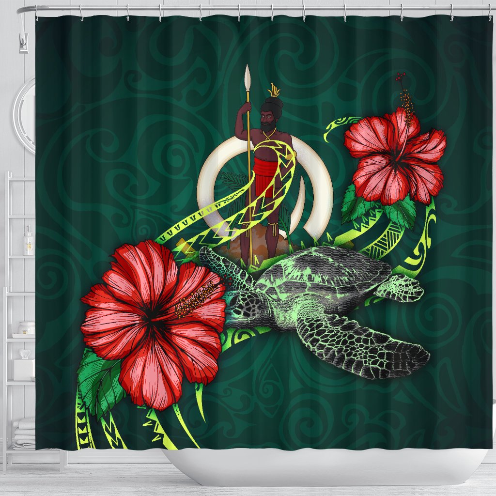Vanuatu Polynesian Shower Curtain - Green Turtle Hibiscus - Polynesian Pride