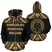 Northern Mariana Islands All Over Zip up Hoodie Polynesian Gold Version Unisex White - Polynesian Pride
