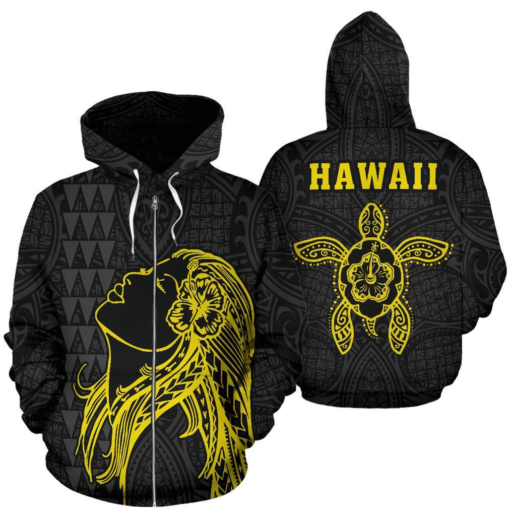 Polynesian Kakau Hula Girl Turtle Hibiscus Hawaii Zip Hoodie Yellow Unisex Yellow - Polynesian Pride