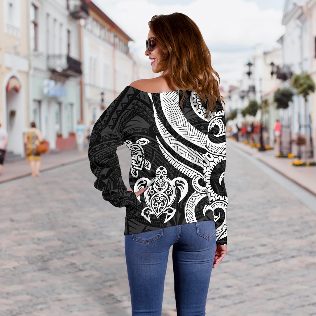 Yap Women Off Shoulder Sweater - White Tentacle Turtle - Polynesian Pride