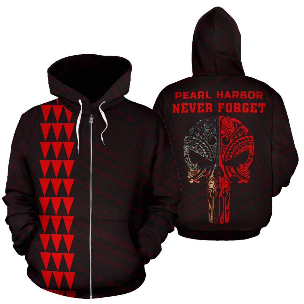 Polynesian Kakau Skull National Pearl Harbor Remembrance Day Hawaii Zip Hoodie Red Unisex Red - Polynesian Pride