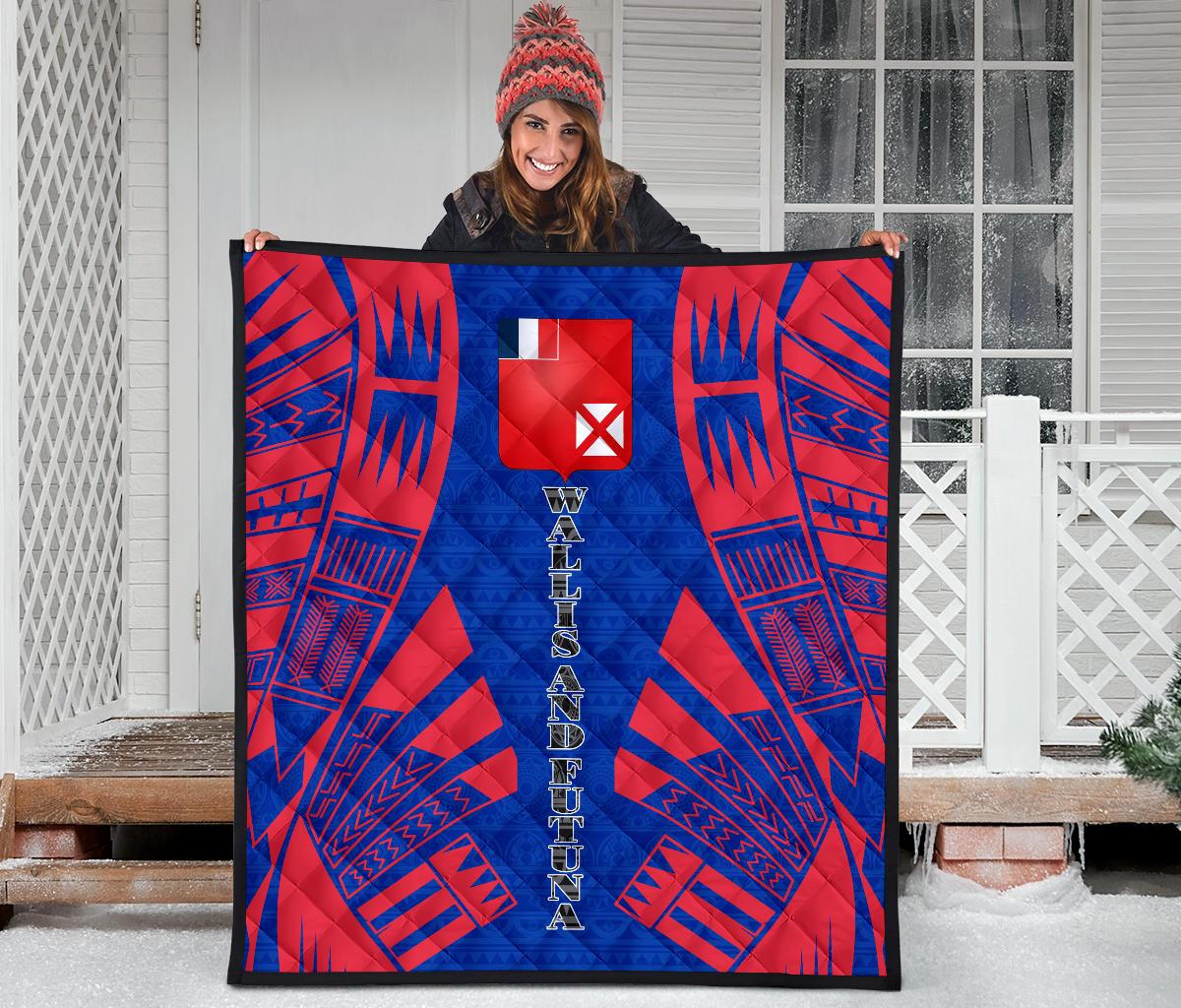 Wallis And Futuna Premium Quilt - Wallis And Futuna Coat Of Arms Polynesian Red Tattoo (Dark Blue) - Polynesian Pride