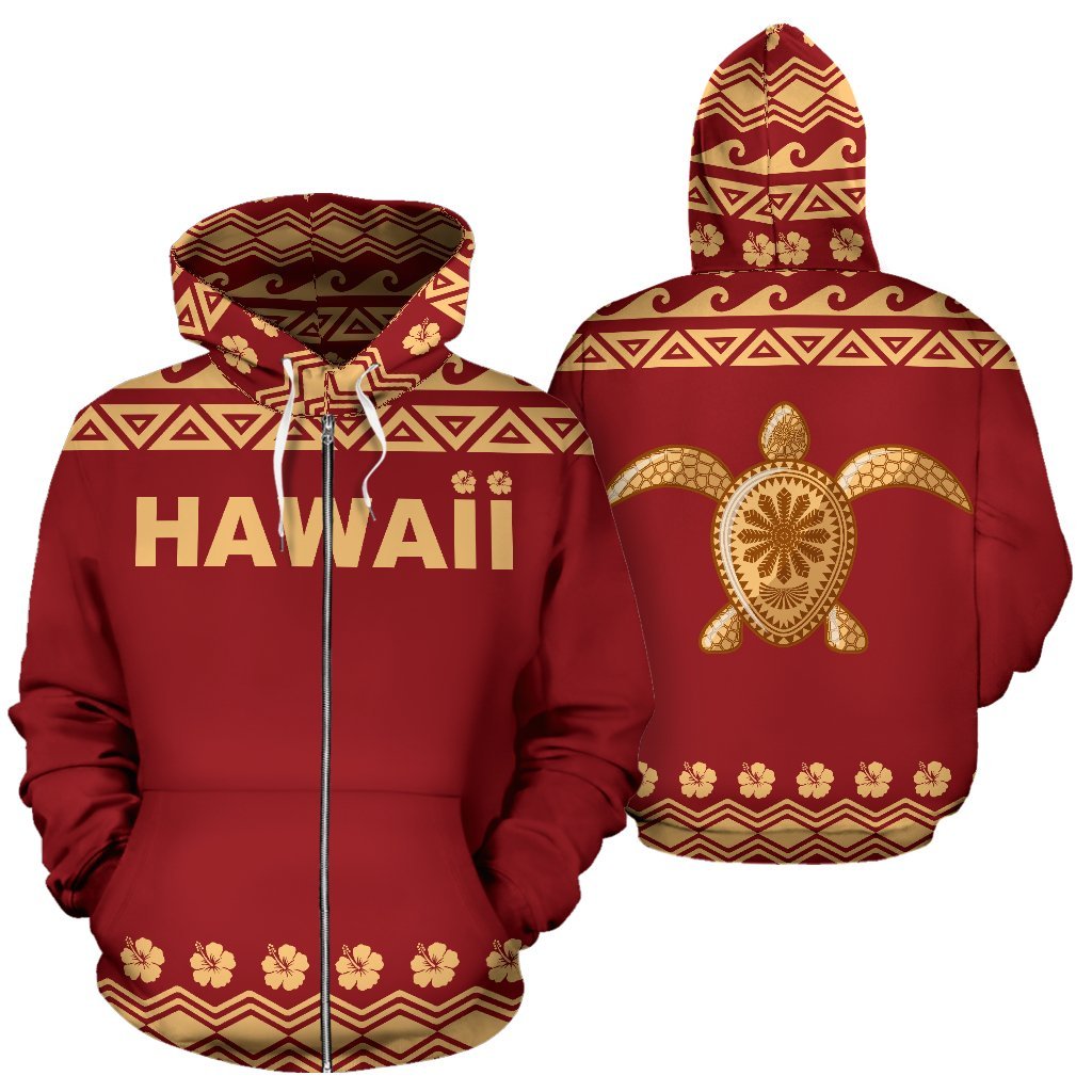 Hawaii All Over Zip up Hoodie Polynesian Turtle Red Unisex White - Polynesian Pride