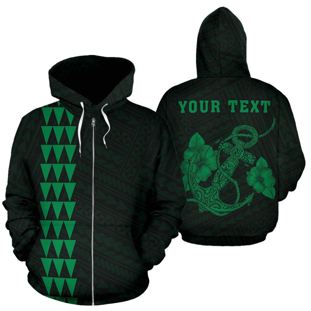 Polynesian Kakau Anchor Hibiscus Hawaii Custom Zip Hoodie Green Unisex Green - Polynesian Pride