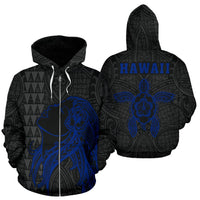 Polynesian Kakau Hula Girl Turtle Hibiscus Hawaii Zip Hoodie Blue Unisex Blue - Polynesian Pride